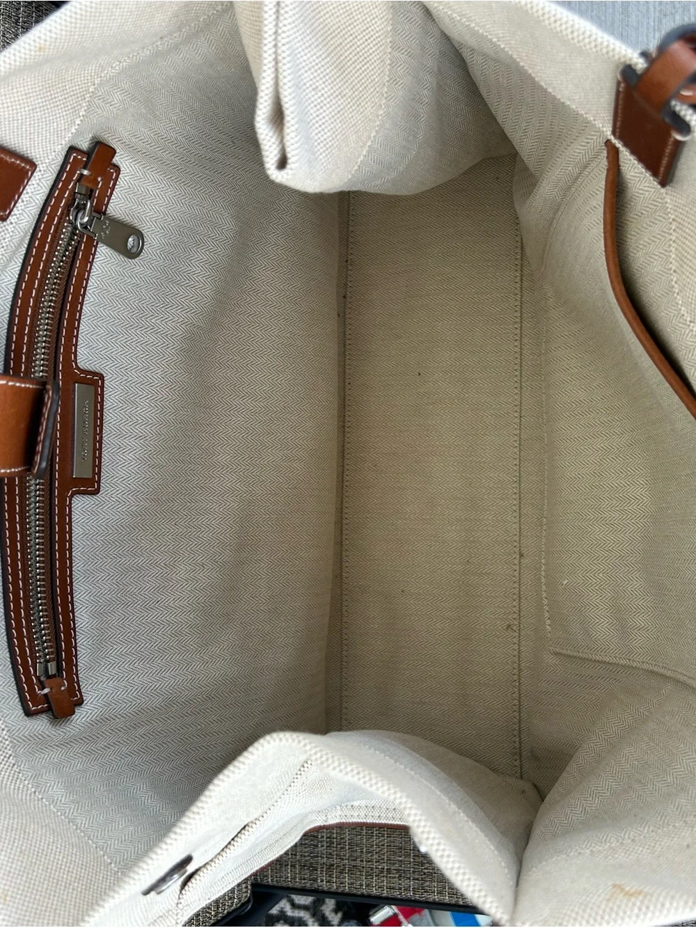 TORY BURCH Ella Canvas tote large Brown Leather Natural Classic Cuoio Bag Auth